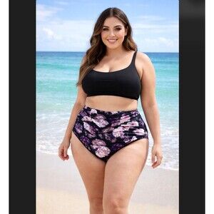 Torrid Swim Bottom 3X 22 24 High Rise Purple Black Floral Ruched Full Coverage